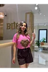 taç kalp leopar baskılı tişört-pembe