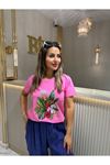 tropikal çiçek baskılı kadın tişört-pembe