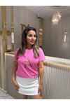 Leopar A Harf Baskı Tişört-Pembe