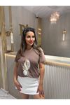 Buğday baskılı tişört-kahve